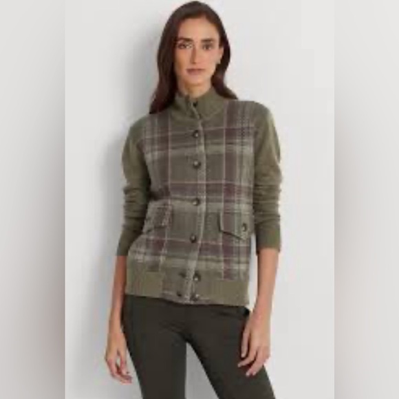 Lauren Ralph Lauren Women Multi Plaid Wool-Blend Coat Jacket Size L Color Sage - Picture 2 of 5